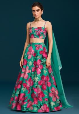 Sea Green Printed Satin Lehenga Set
