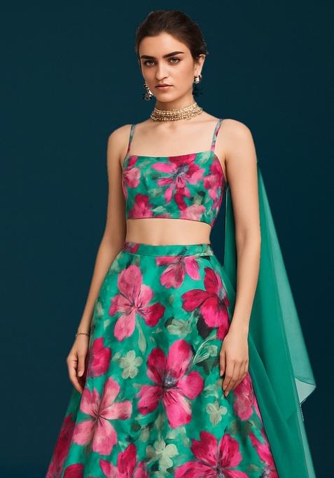 Sea Green Printed Satin Lehenga Set