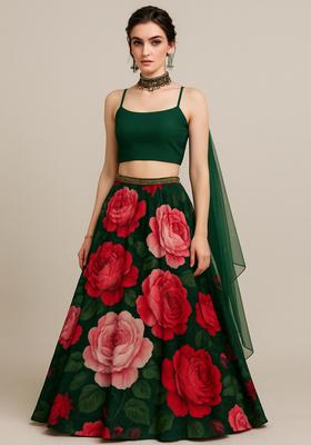 Green Printed Organza Lehenga Set