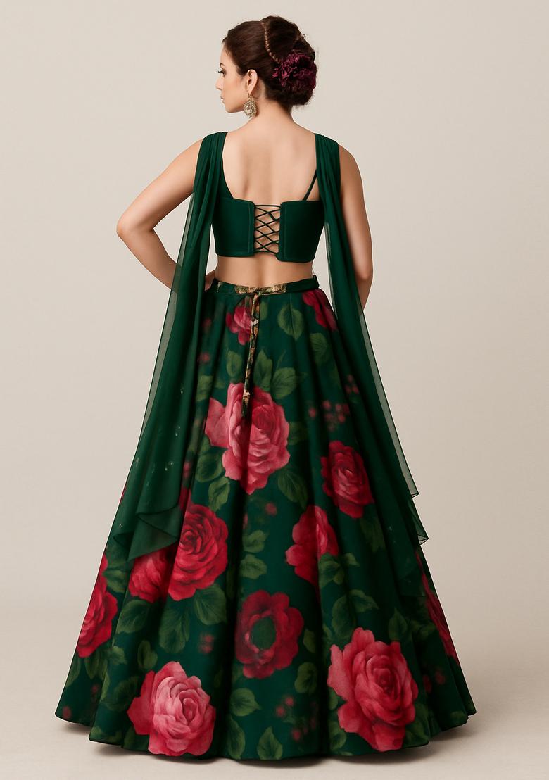 Green Printed Organza Lehenga Set - Indya