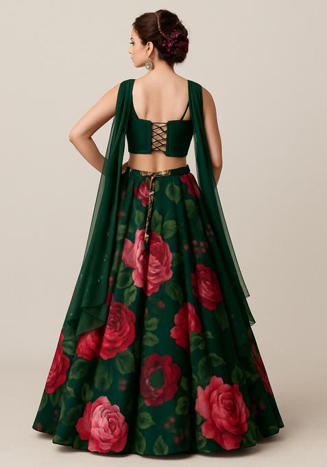 Green Printed Organza Lehenga Set