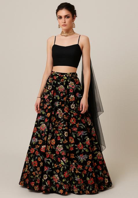 Black Printed Pure Chinon Lehenga Set