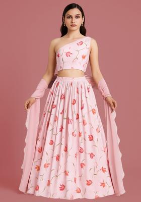 Pink Printed Polyester Lehenga Set