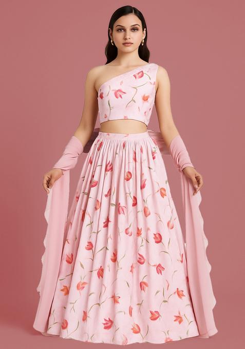 Pink Printed Polyester Lehenga Set