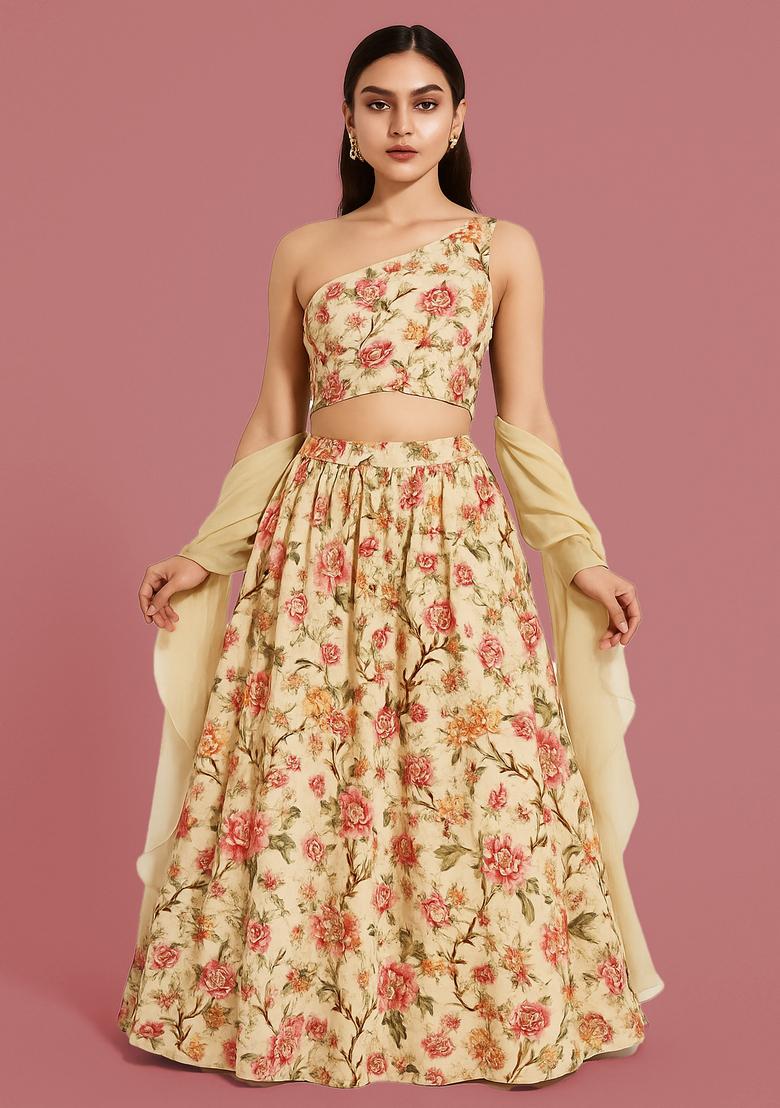 Beige Printed Polyester Lehenga Set