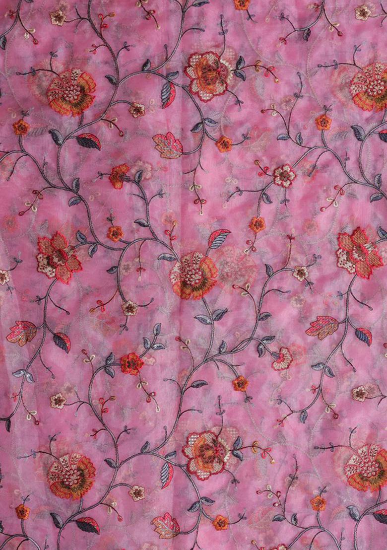 Pink Embroidered Organza Lehenga Set - Indya