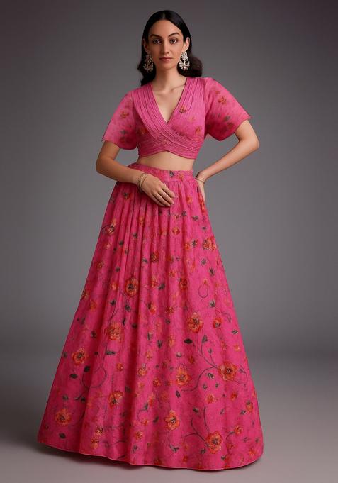 Pink Embroidered Organza Lehenga Set