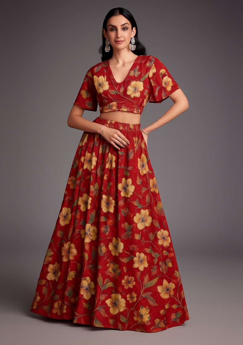 Maroon Printed Polyester Viscose Lehenga Set for Diwali and Festive Wear - Indya