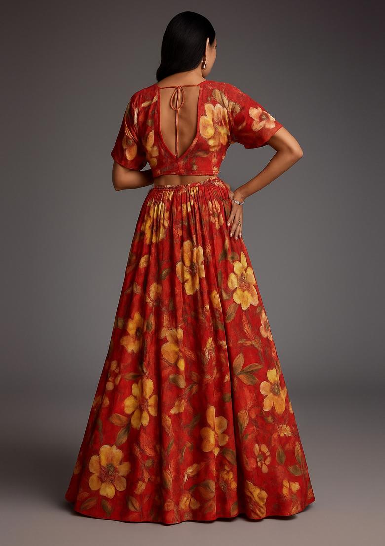 Maroon Printed Polyester Viscose Lehenga Set - Indya