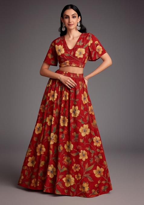 Maroon Printed Polyester Viscose Lehenga Set