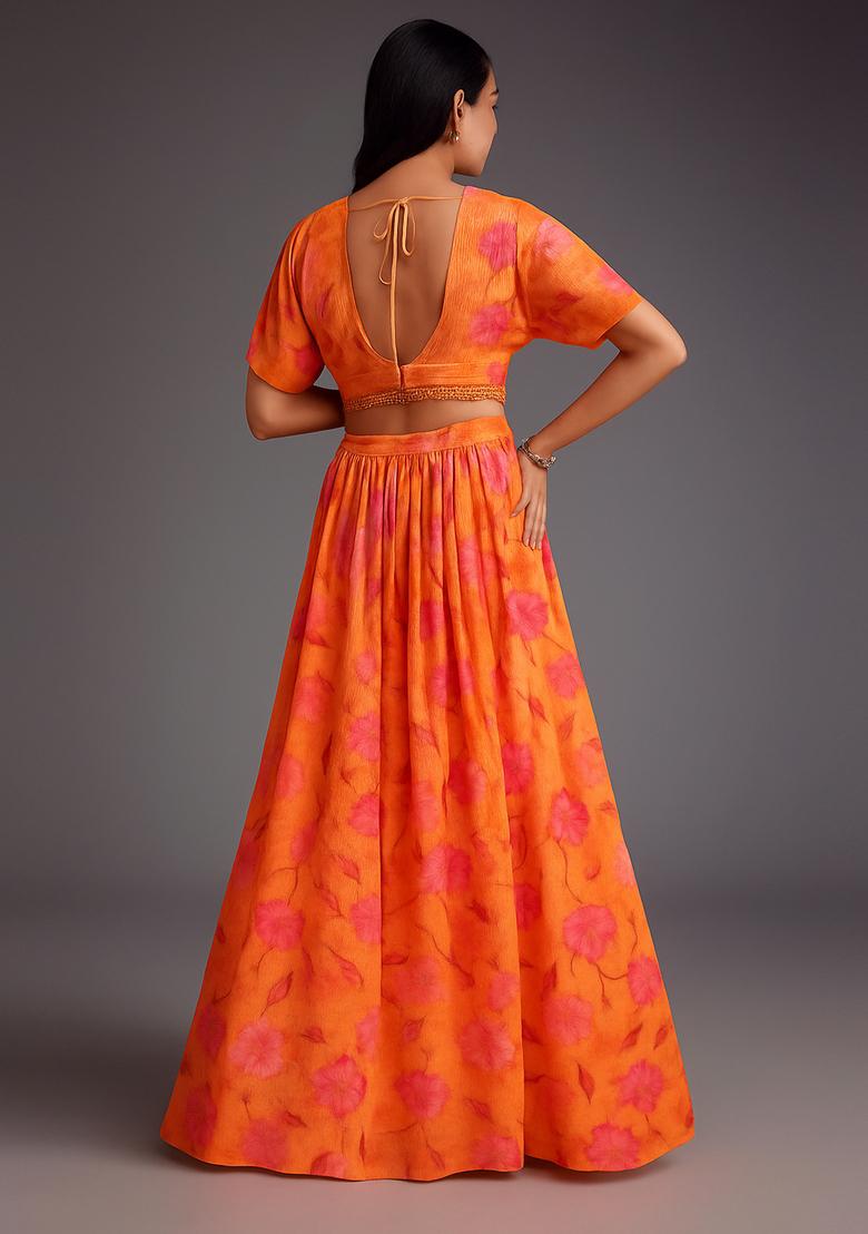 Orange Printed Polyester Chiffon Lehenga Set - Indya