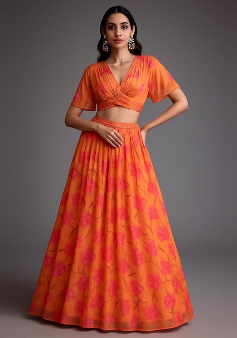 Orange Printed Polyester Chiffon Lehenga Set