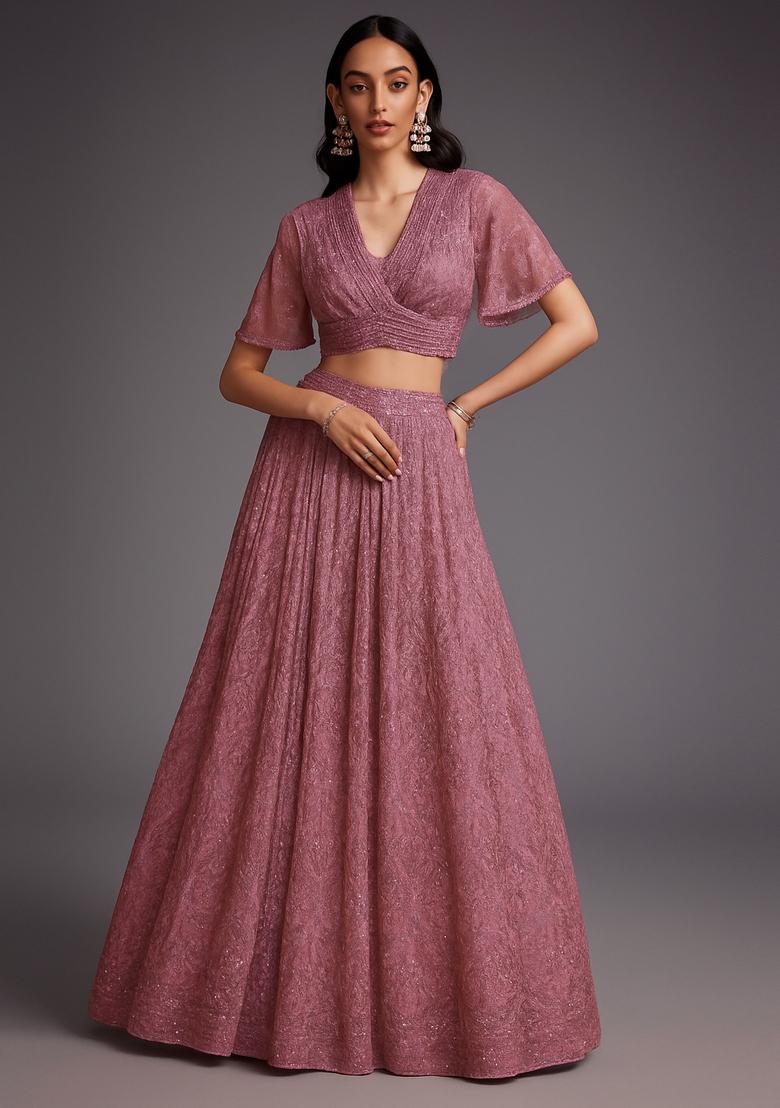 Mauve Embellished Net Lehenga Set