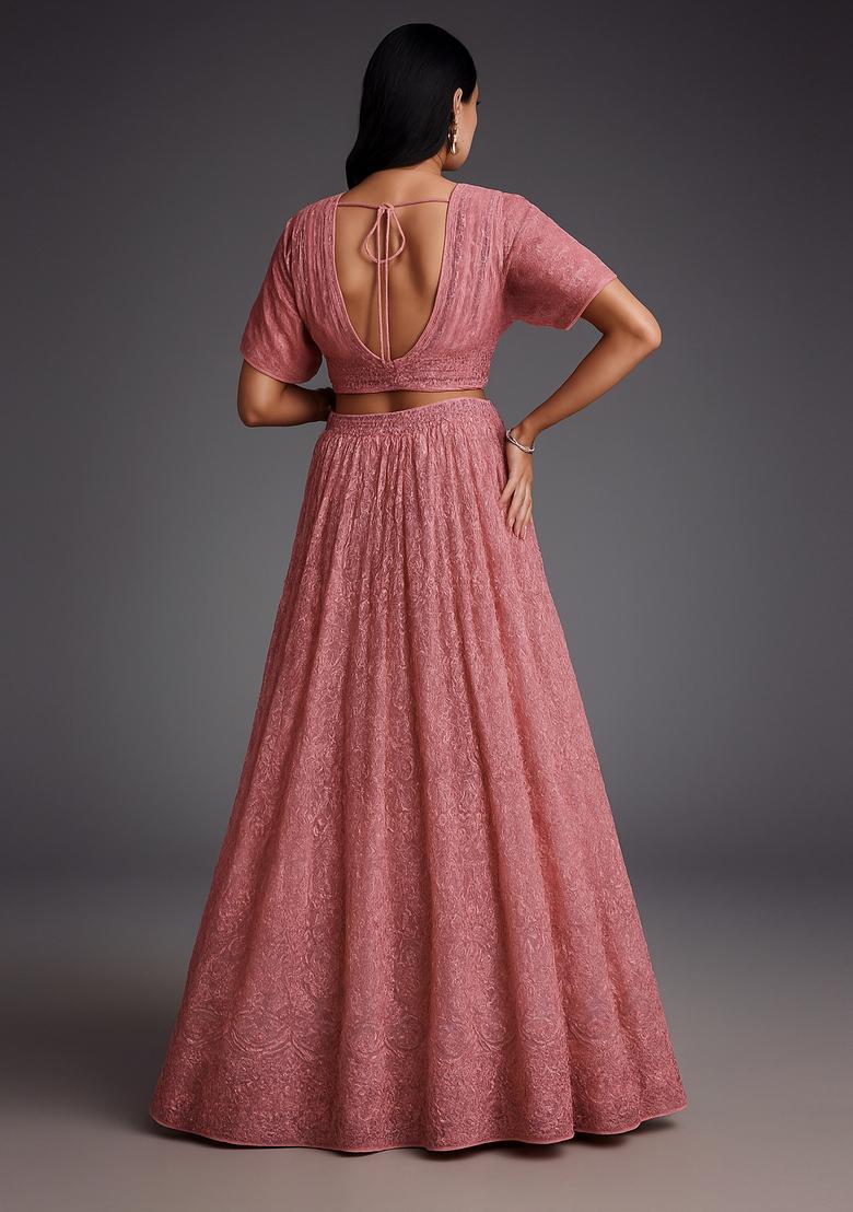 Mauve Embellished Net Lehenga Set - Indya