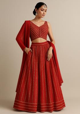Red Embroidered Silk Lehenga Set