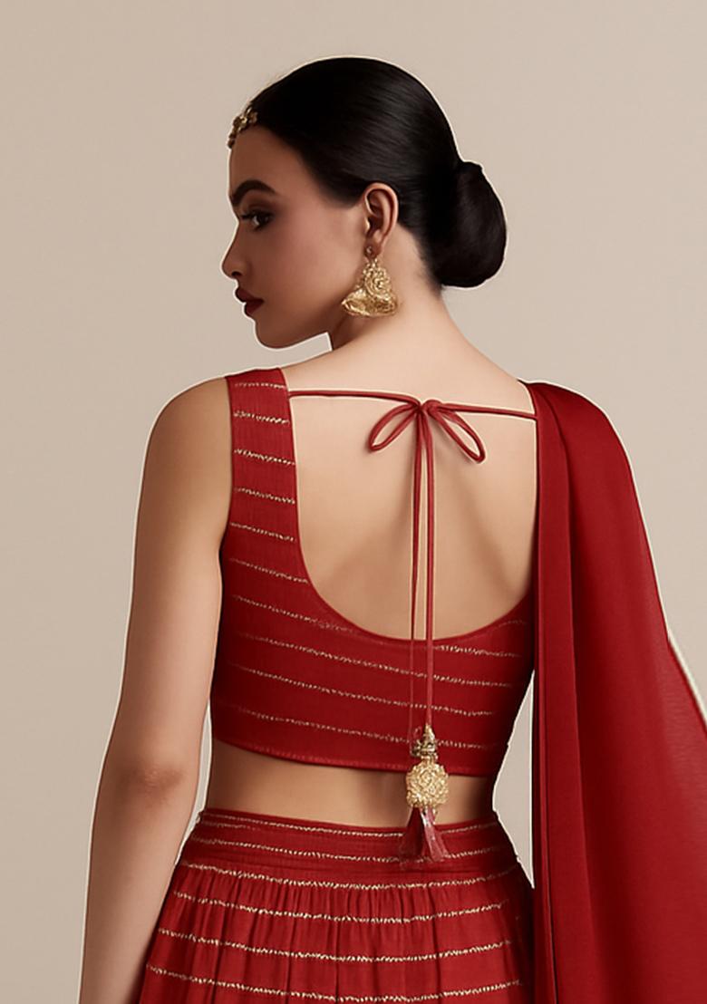 Red Embroidered Silk Lehenga Set - Indya