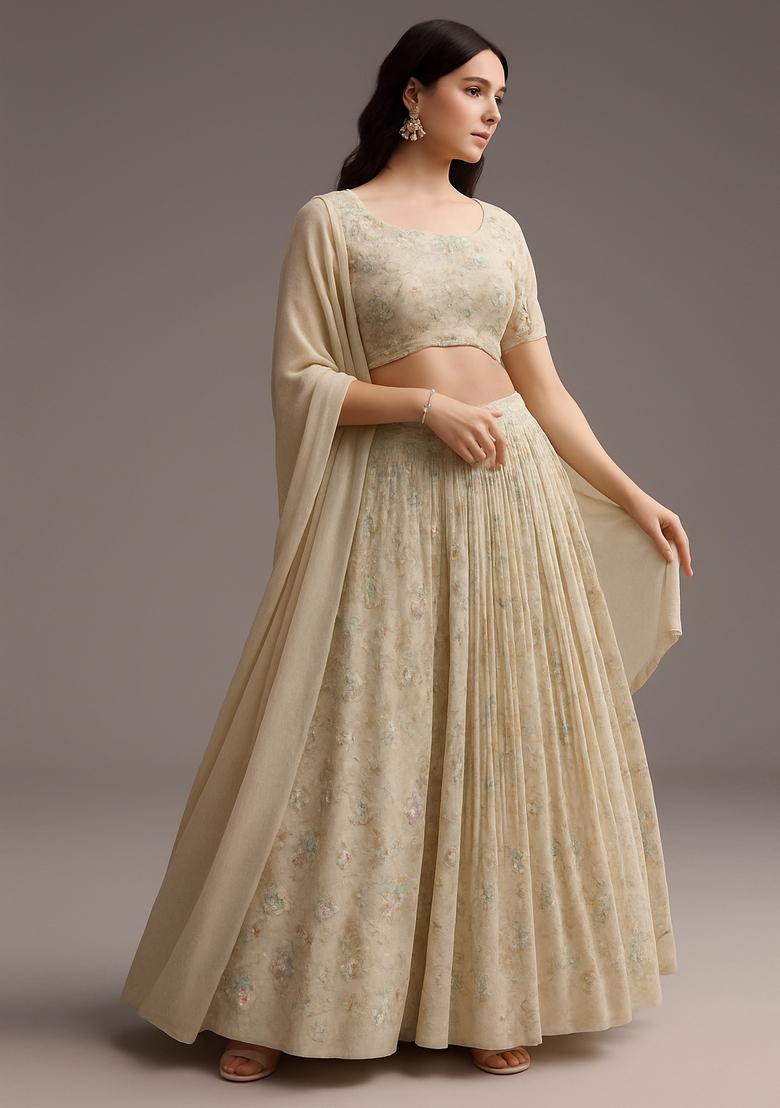 Light Beige Embroidered Tissue Lehenga Set - Indya