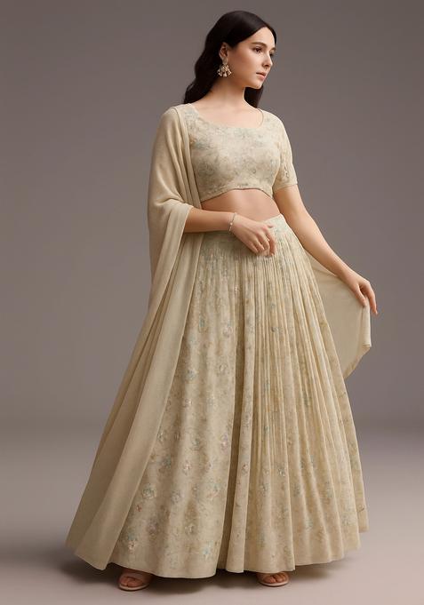 Light Beige Embroidered Tissue Lehenga Set