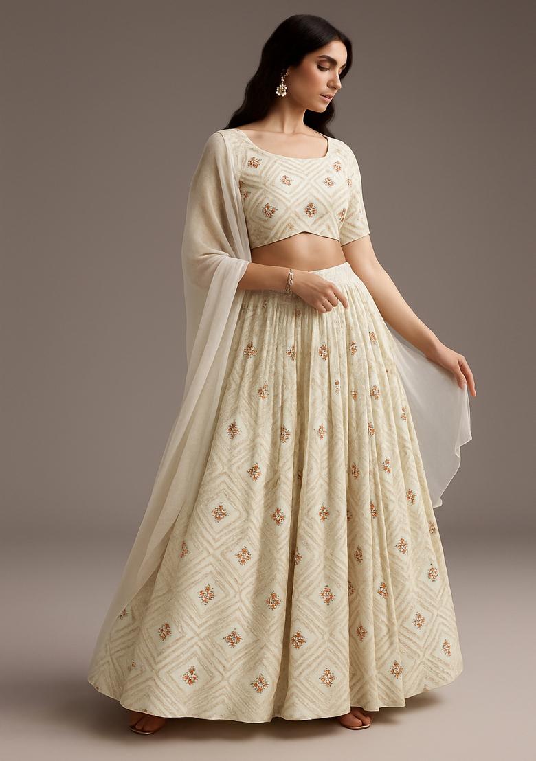 Off White Embroidered Raw Silk Lehenga Set - Indya