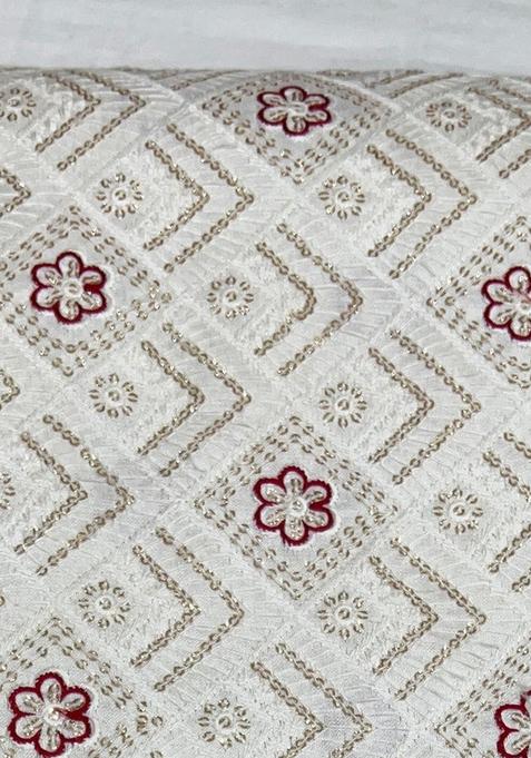 Off White Embroidered Raw Silk Lehenga Set