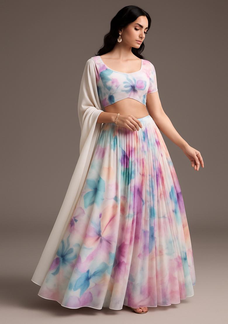 Multicolor Printed Georgette Lehenga Set