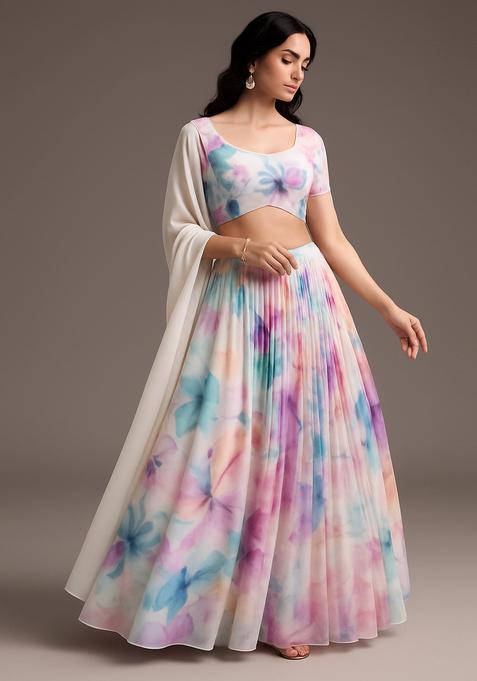 Multicolor Printed Georgette Lehenga Set