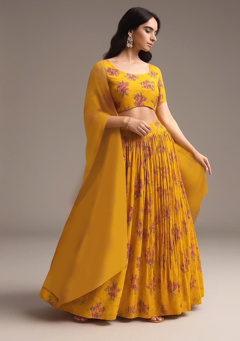 Yellow Printed Georgette Lehenga Set - Indya