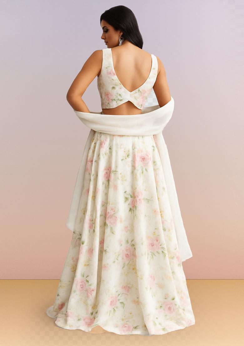 White Printed Georgette Lehenga Set - Indya