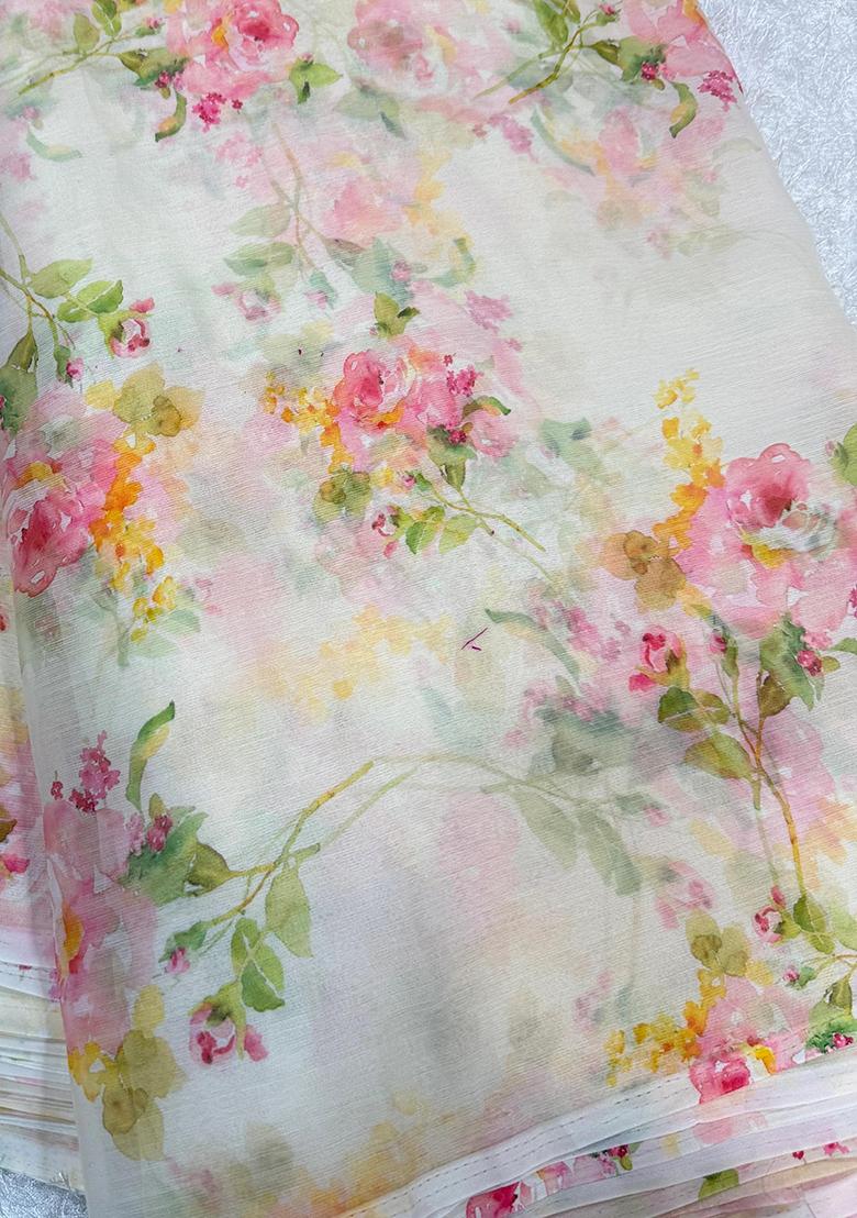 White Printed Georgette Lehenga Set - Indya