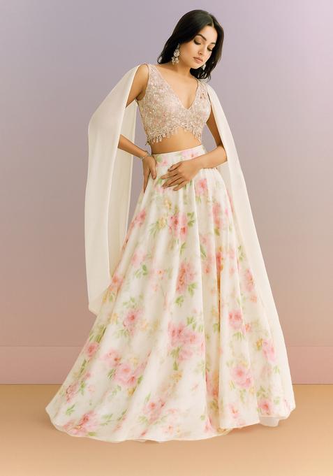 White Printed Georgette Lehenga Set