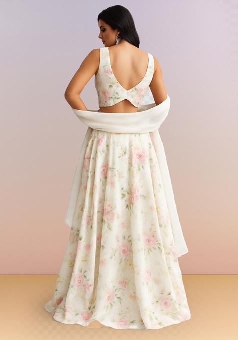 White Printed Georgette Lehenga Set