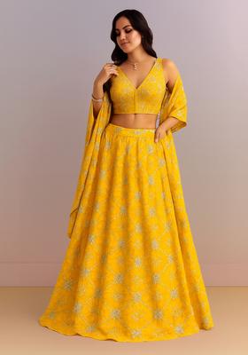Yellow Embroidered Silk Lehenga Set