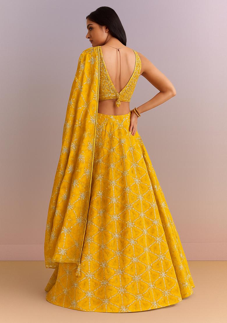 Yellow Embroidered Silk Lehenga Set - Indya