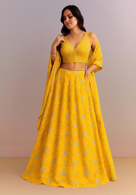 Yellow Embroidered Silk Lehenga Set