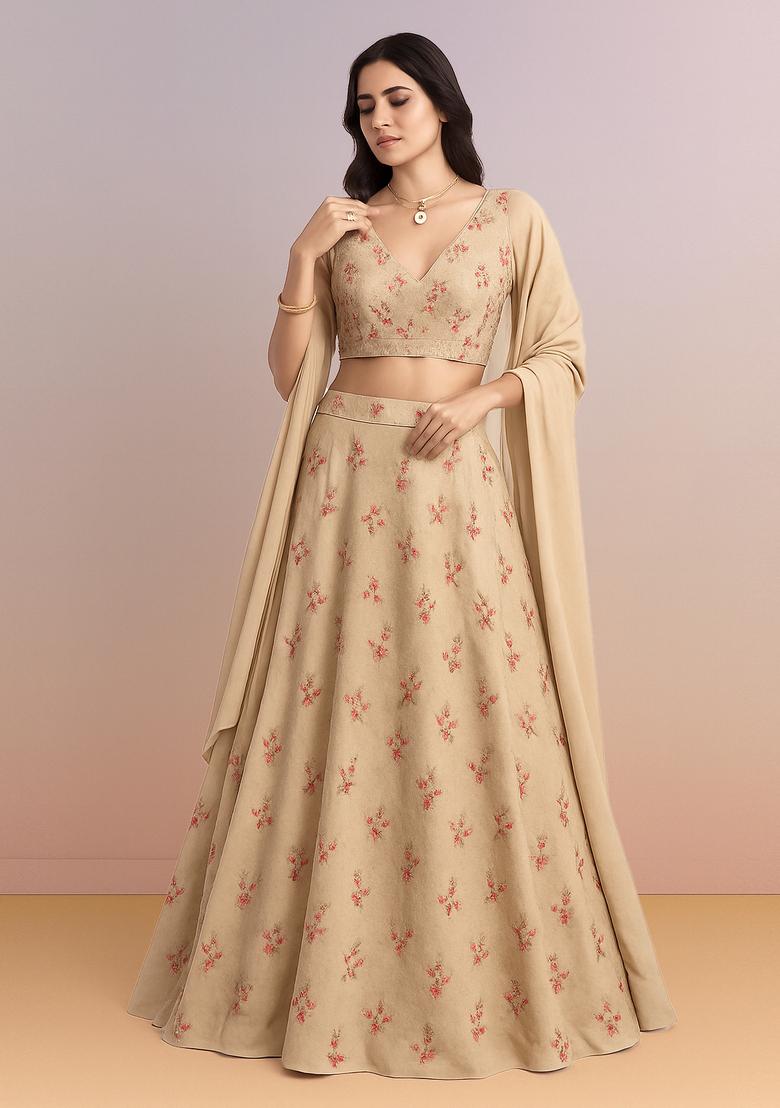 Beige Embroidered Tissue Lehenga Set