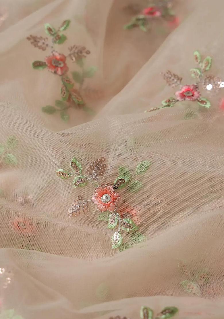 Beige Embroidered Tissue Lehenga Set - Indya