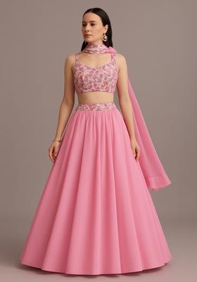 Pink Printed Blouse Georgette Lehenga Set