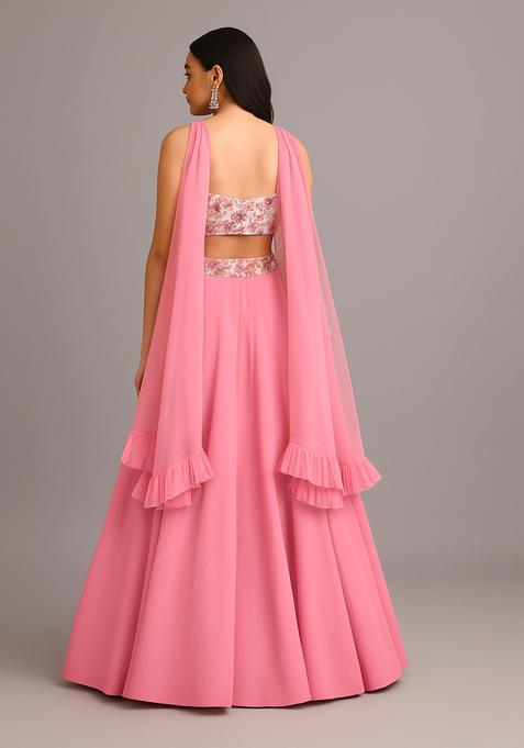 Pink Printed Blouse Georgette Lehenga Set