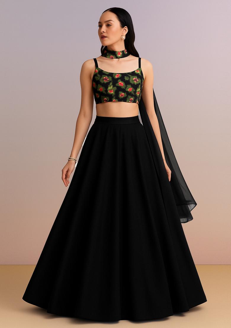 Black Printed Blouse Georgette Lehenga Set