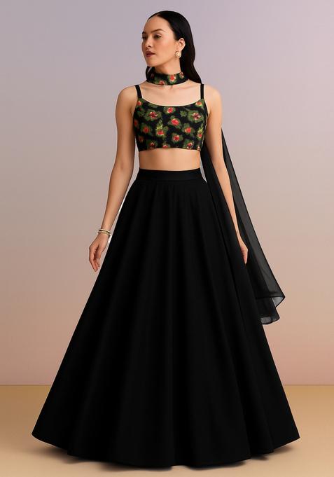 Black Printed Blouse Georgette Lehenga Set