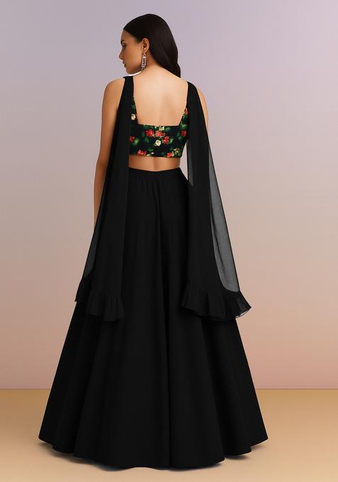 Black Printed Blouse Georgette Lehenga Set