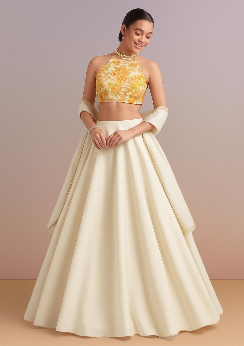 Off White Printed Blouse Georgette Lehenga Set