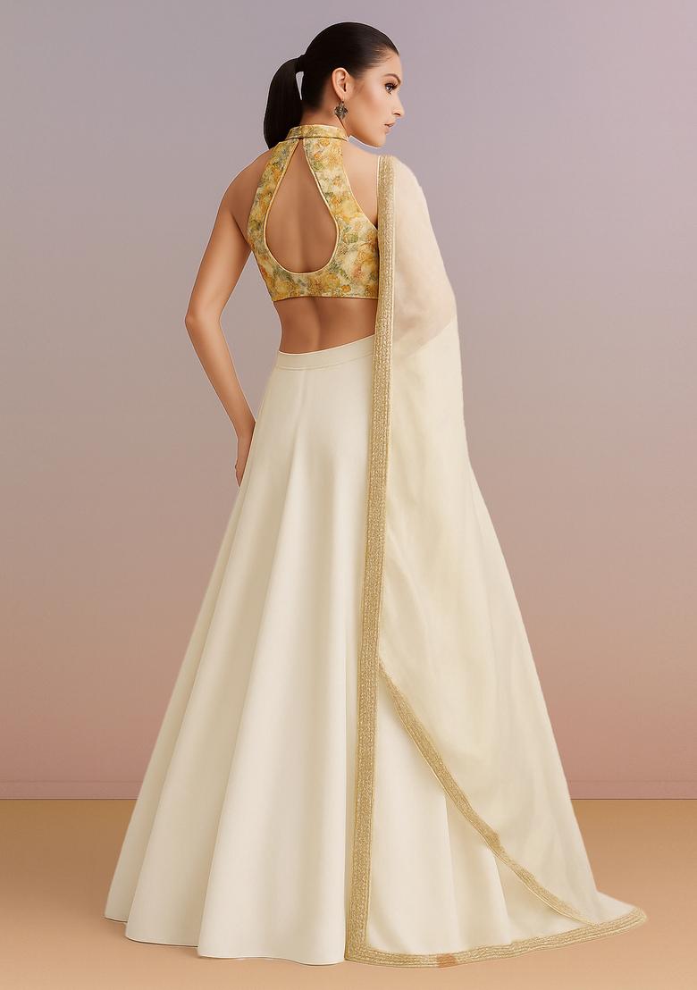 Off White Printed Blouse Georgette Lehenga Set - Indya