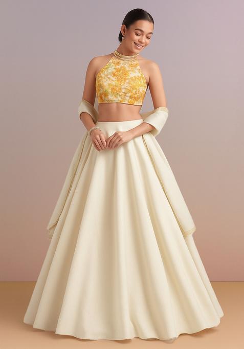 Off White Printed Blouse Georgette Lehenga Set