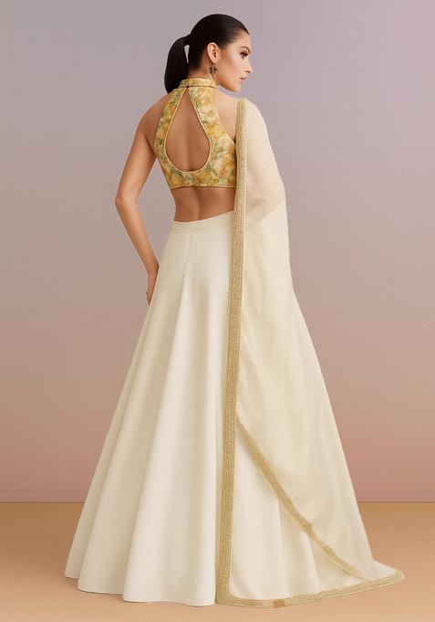 Off White Printed Blouse Georgette Lehenga Set