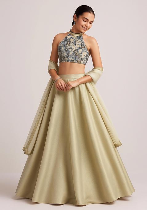 Beige Printed Blouse Georgette Lehenga Set