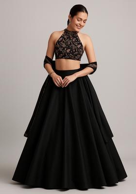 Black Printed Blouse Georgette Lehenga Set