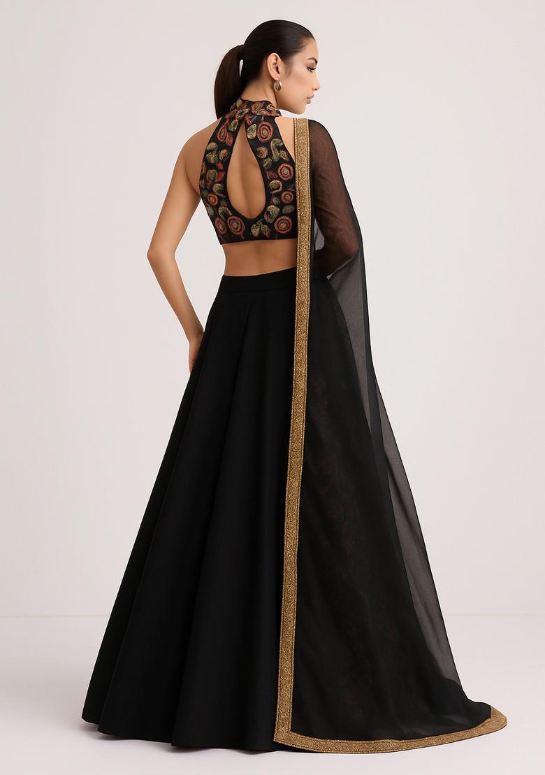 Black Printed Blouse Georgette Lehenga Set - Indya