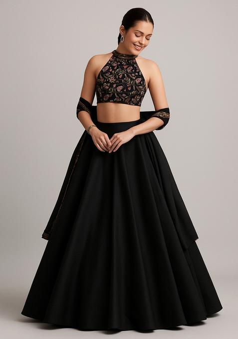Black Printed Blouse Georgette Lehenga Set