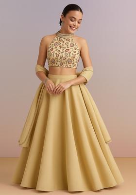 Cream Printed Blouse Georgette Lehenga Set